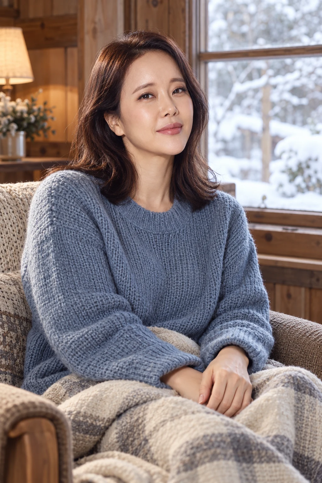 AI portrét Baek Ji-young v křesle u okna zasněžené chalupy